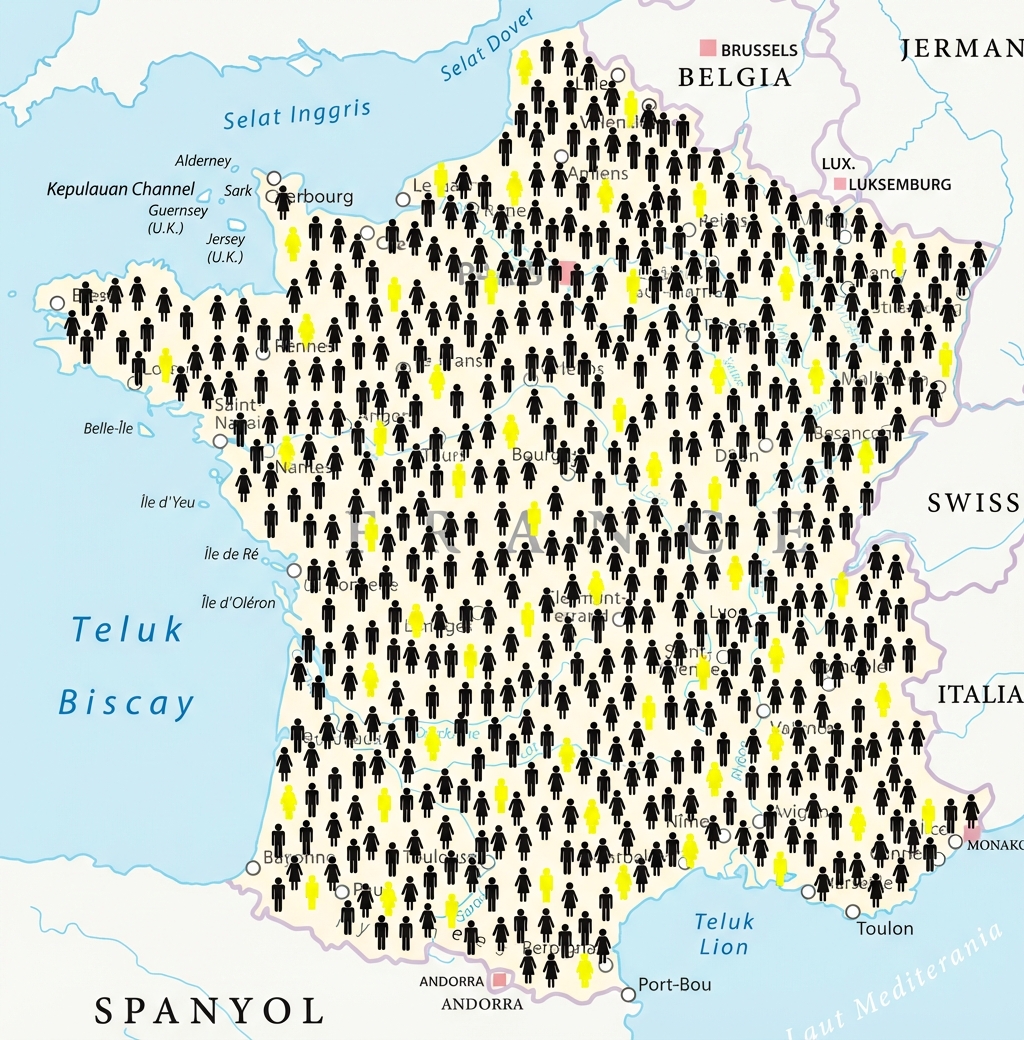 Peta Prancis dengan ikon orang, sebagian disorot.