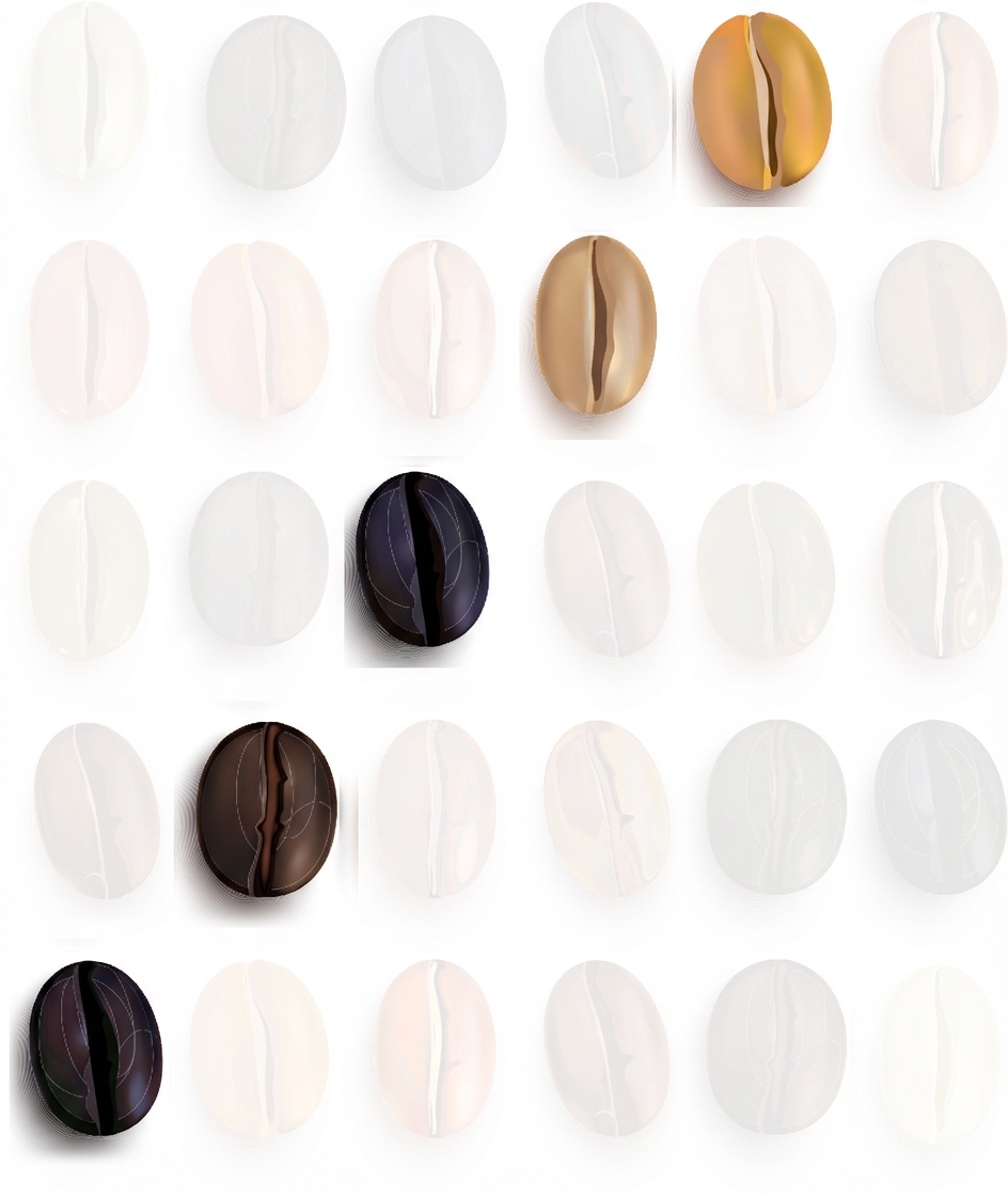 Biji kopi tersusun dalam baris dan kolom, sebagian besar berwarna abu-abu kecuali yang berada pada garis diagonal.