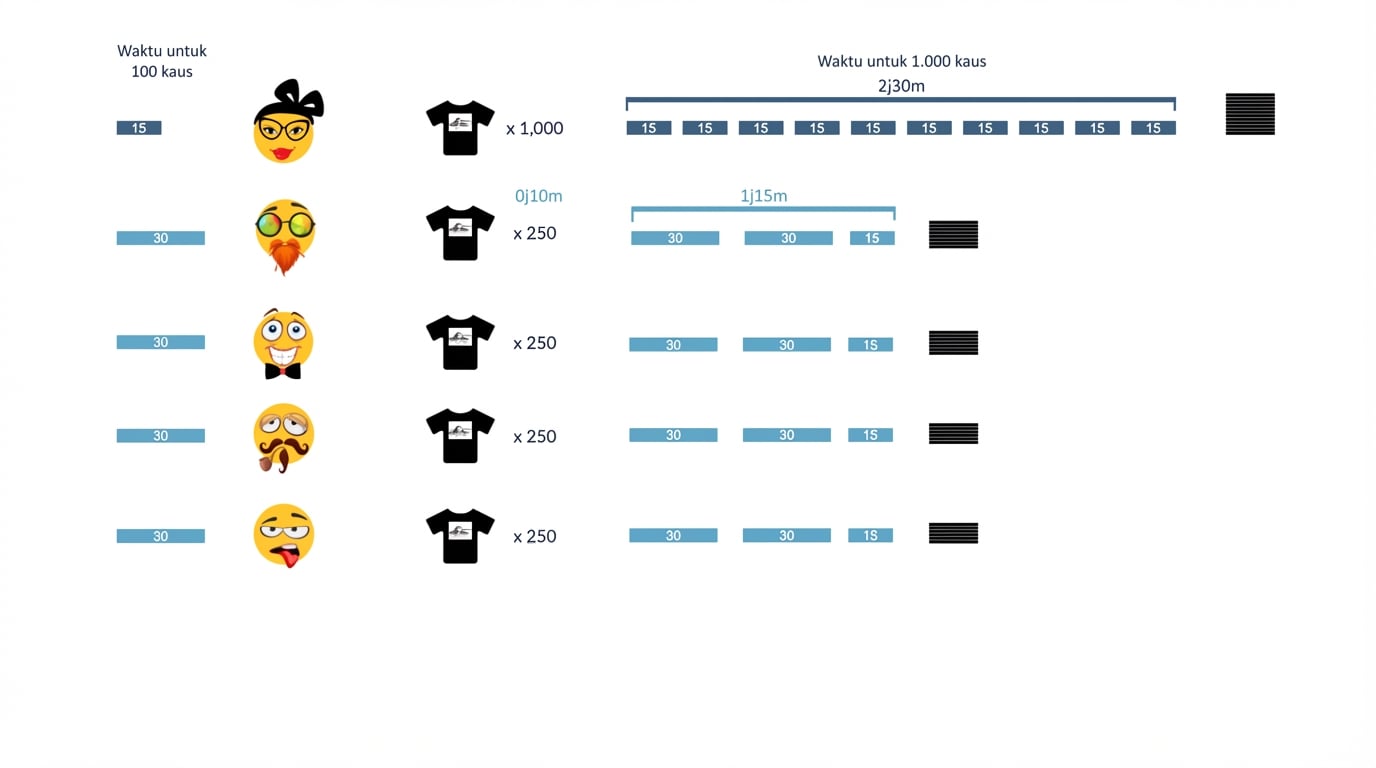 butuh sepuluh menit untuk membagikan seribu kaus ke empat asisten junior