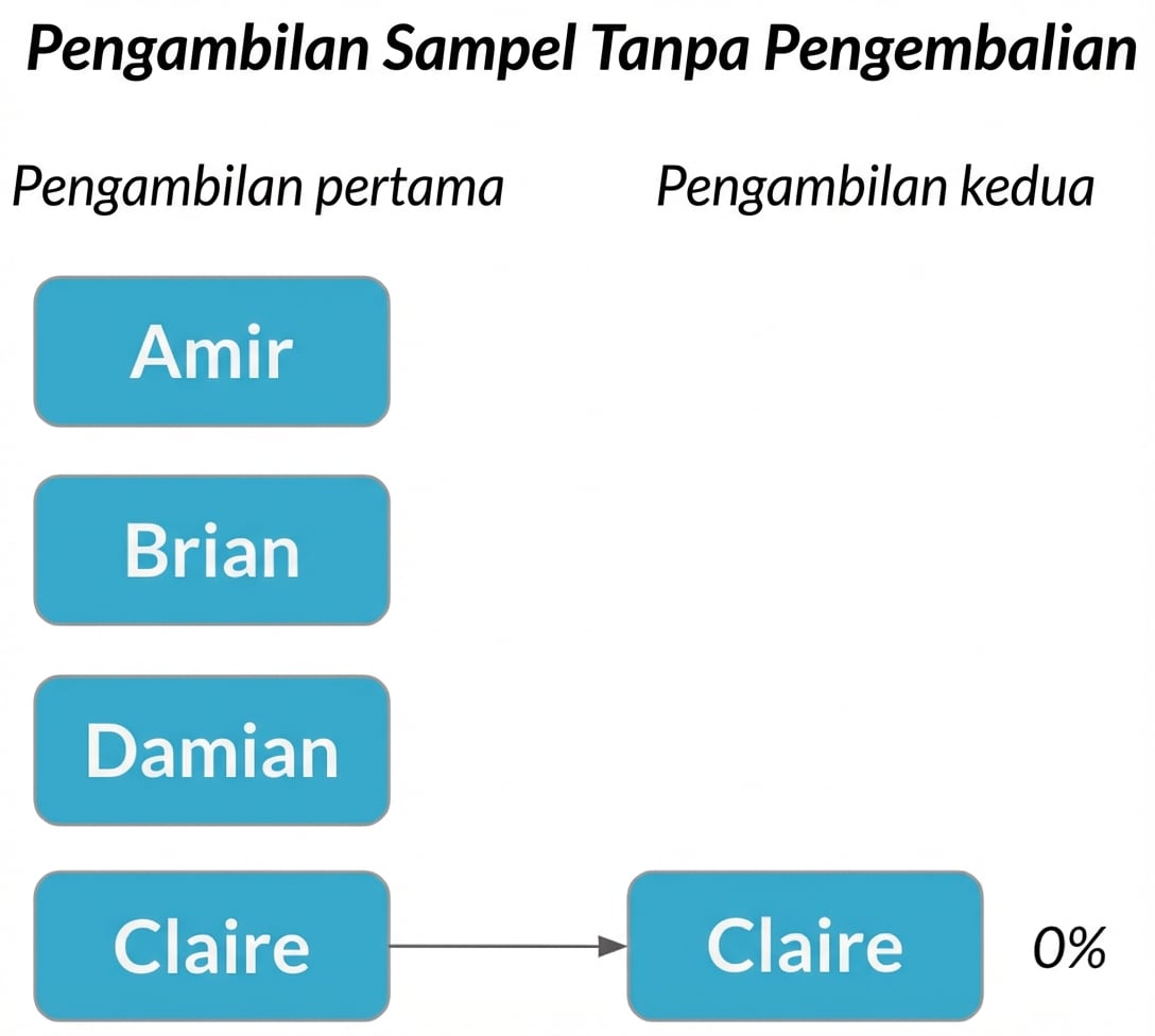 Claire di kolom pertama menunjuk ke Claire di kolom kedua dengan peluang 0%