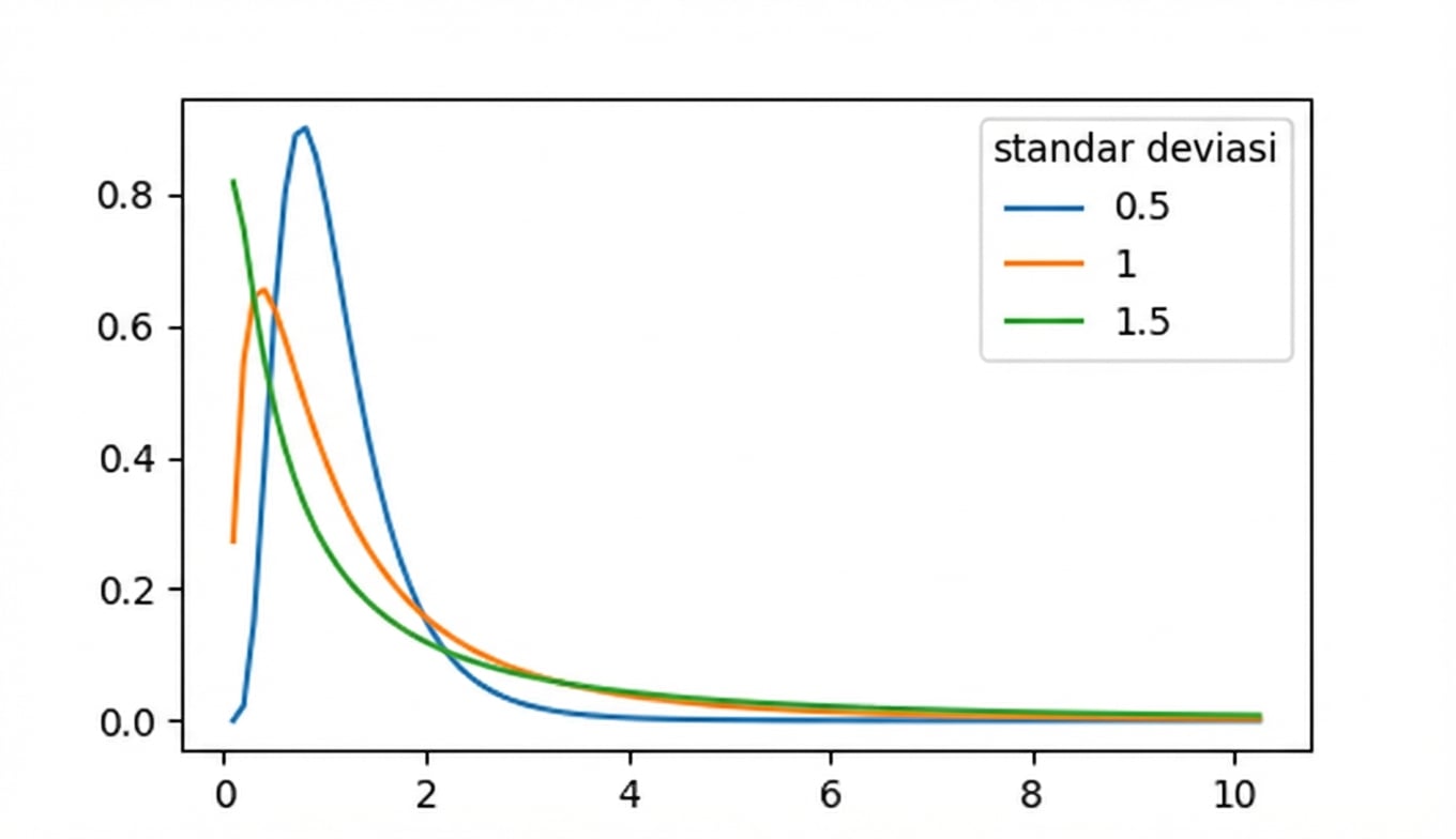 3 distribusi log-normal dengan sd = 0.5, sd = 1, dan sd = 1.5