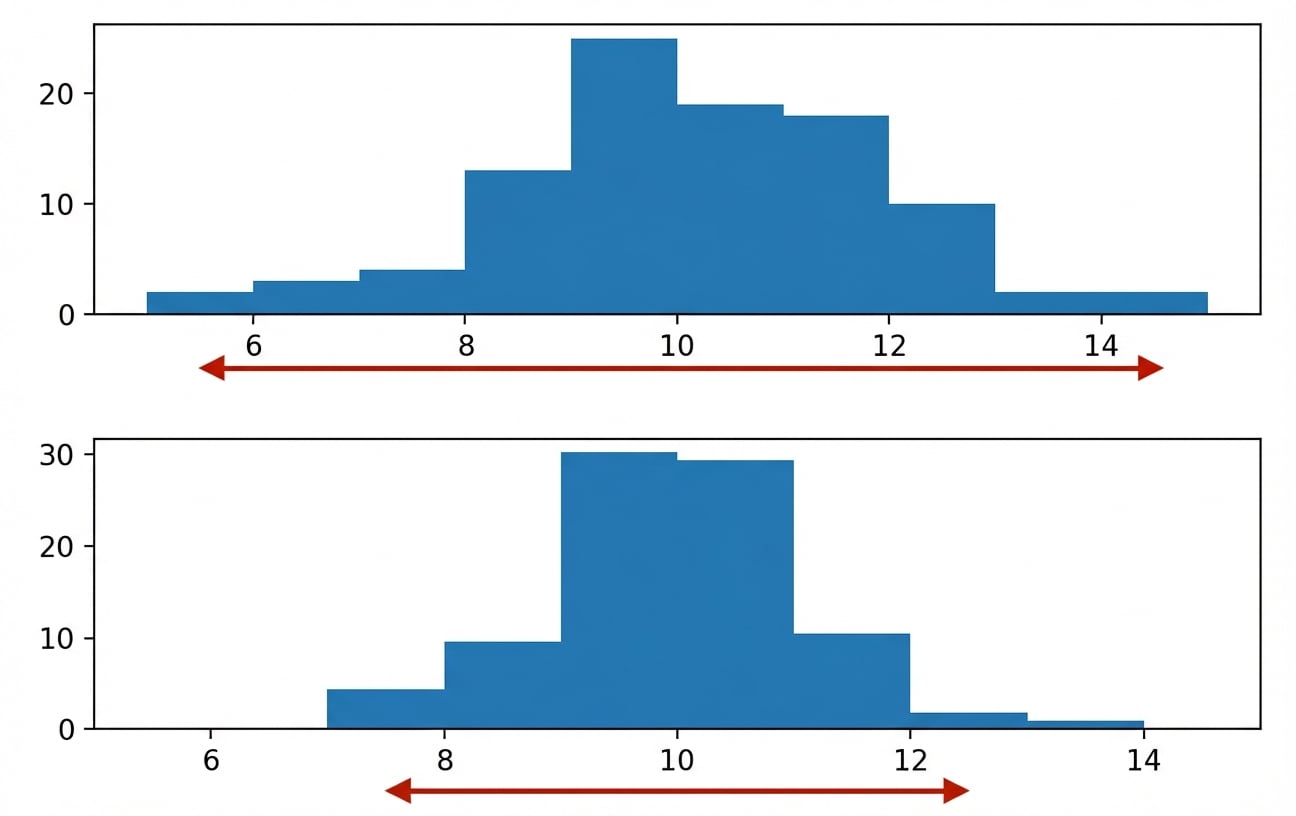 Dua histogram: satu sempit dengan data mencakup sedikit nilai, satu lebih lebar dengan data mencakup lebih banyak nilai.