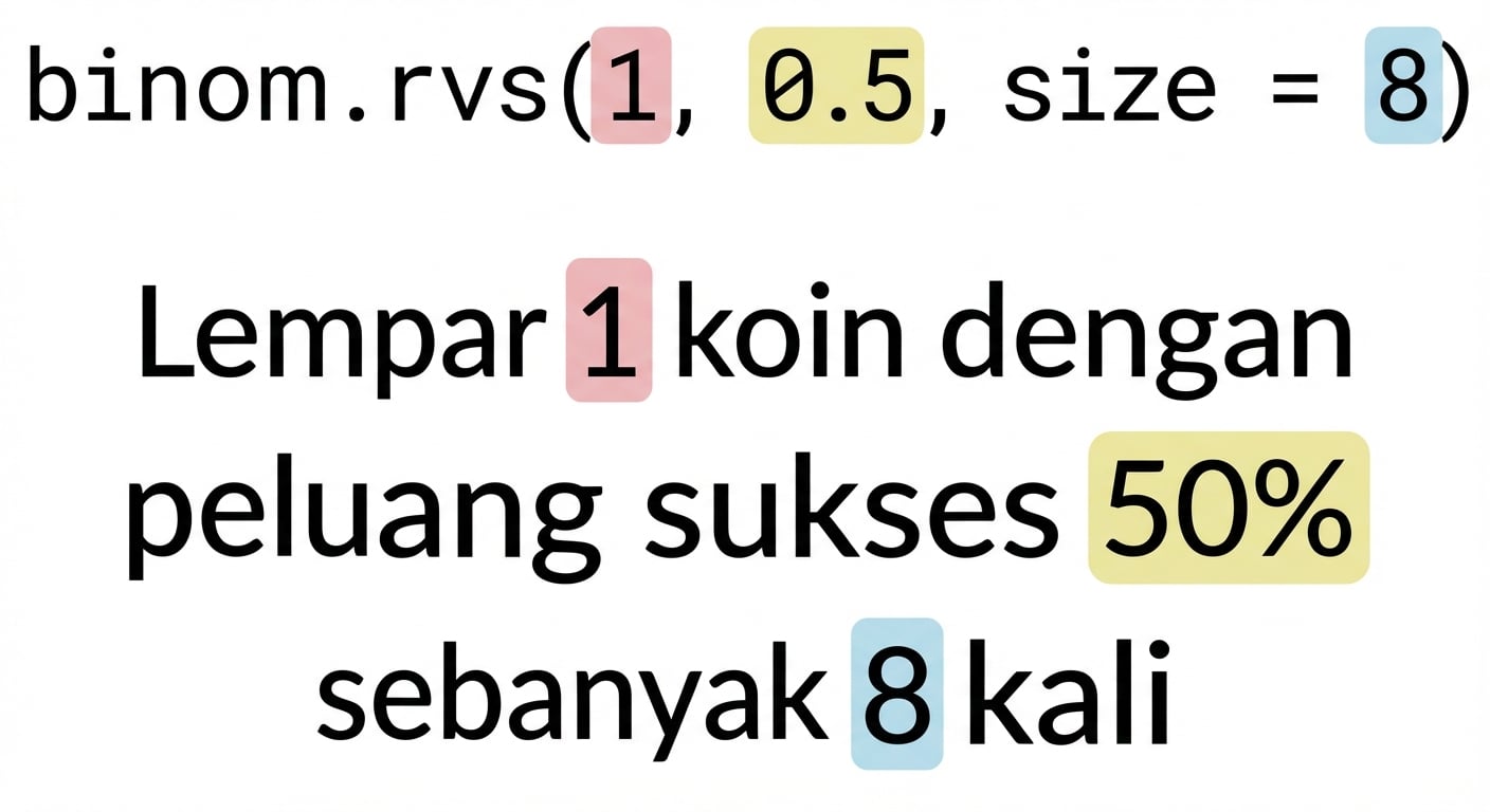 binom.rvs(1, 0.5, 8) dengan 1 merah, 0.5 kuning, 8 biru. Teks: Lempar 1 (merah) koin dengan peluang sukses 50% (kuning) sebanyak 8 (biru) kali