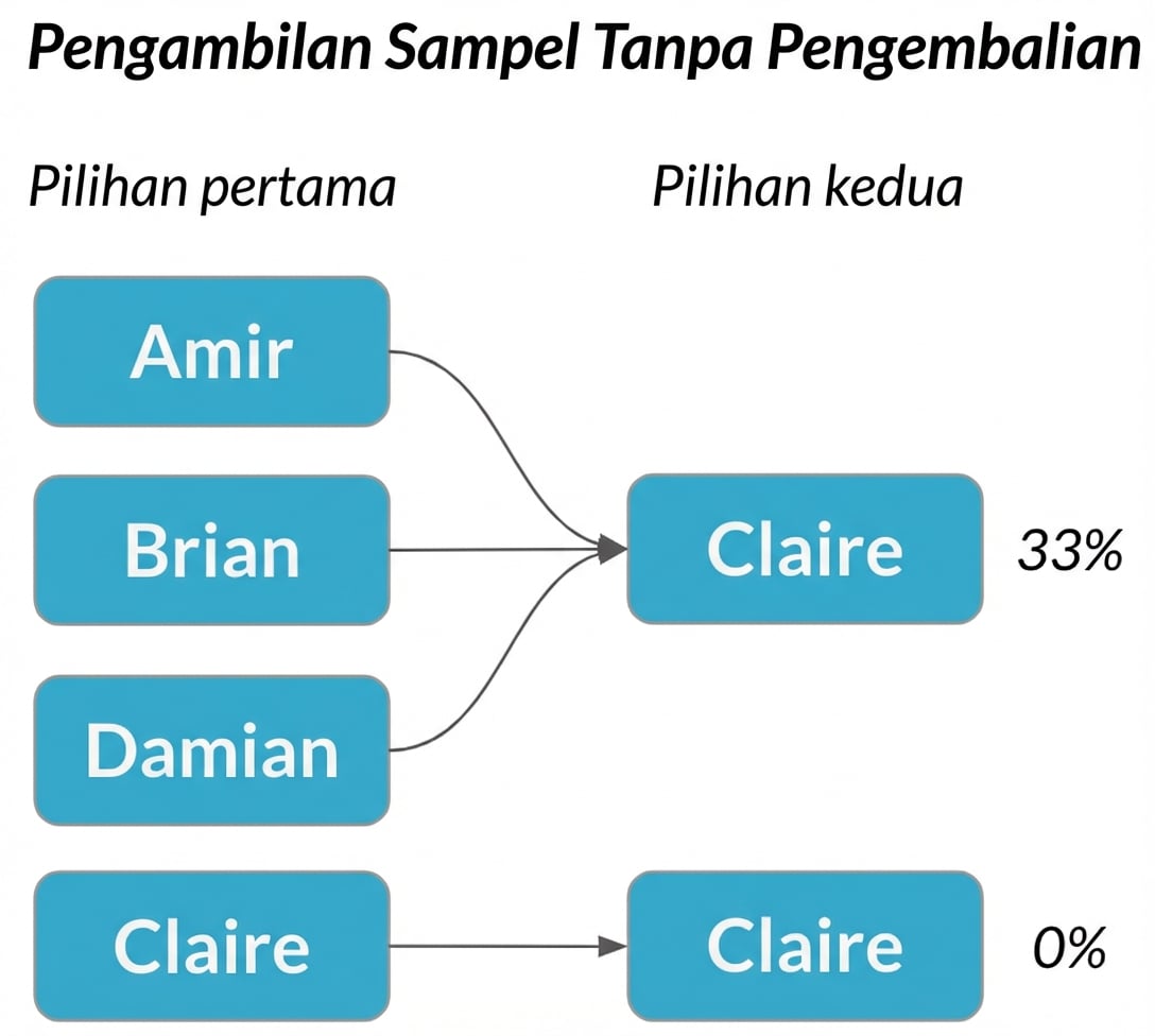 Amir, Brian, dan Damian di kolom pertama menunjuk ke Claire di kolom kedua dengan peluang 33%