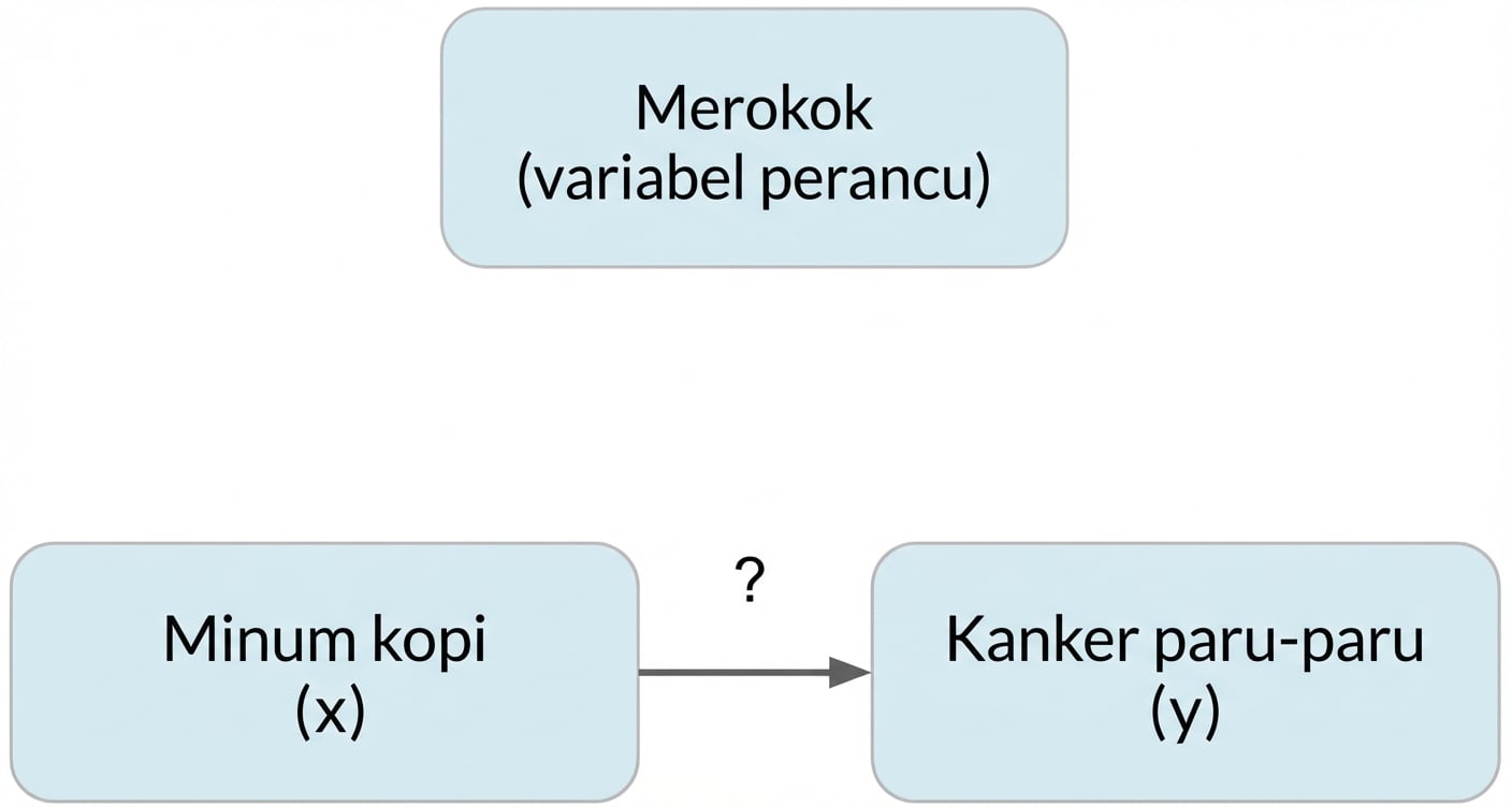 Minum kopi (x) mengarah ke kanker paru (y) dengan merokok (perancu) di atas