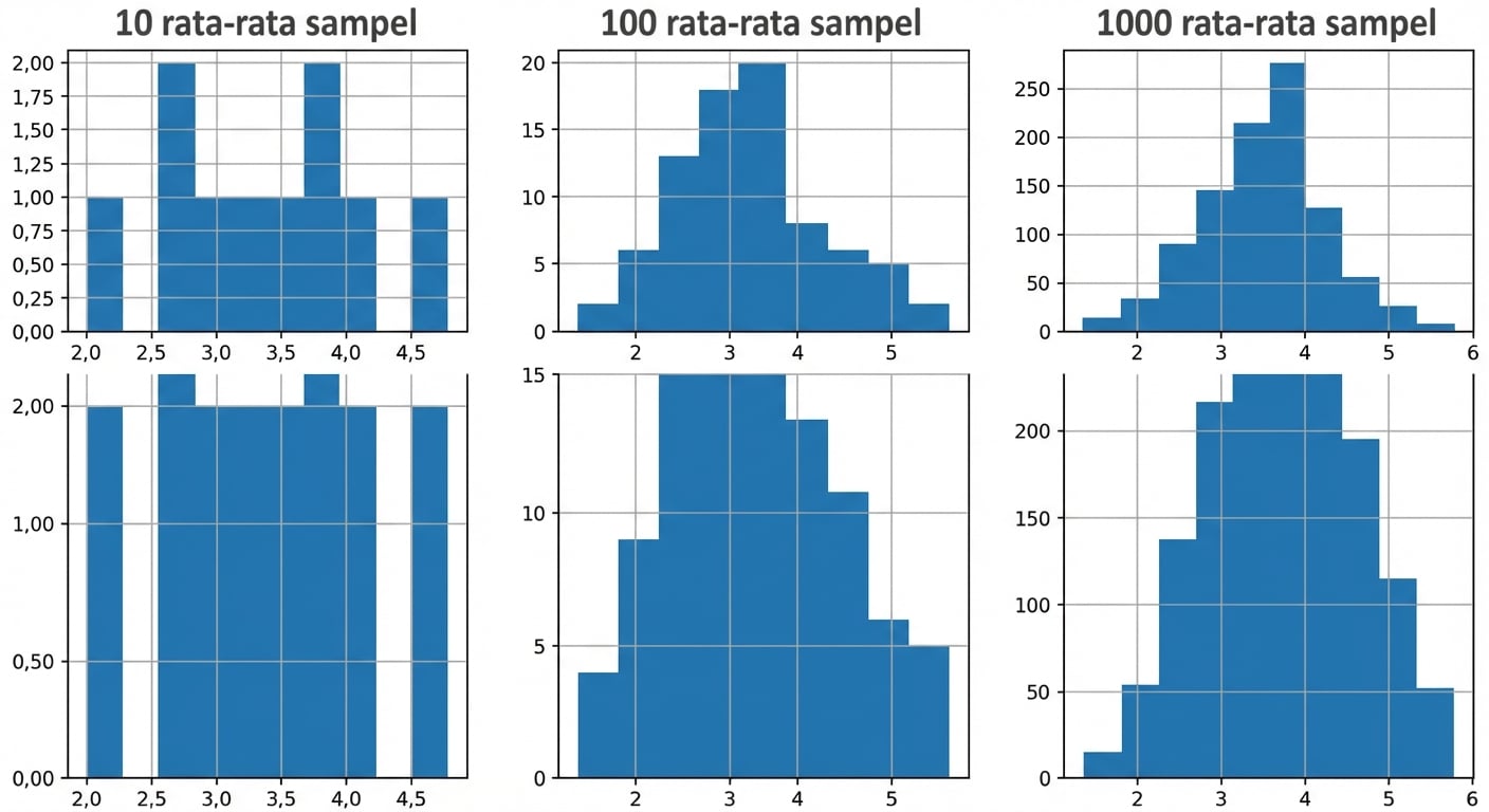 histogram 10, 100, dan 1000 rerata sampel; jumlah lebih besar makin berbentuk lonceng