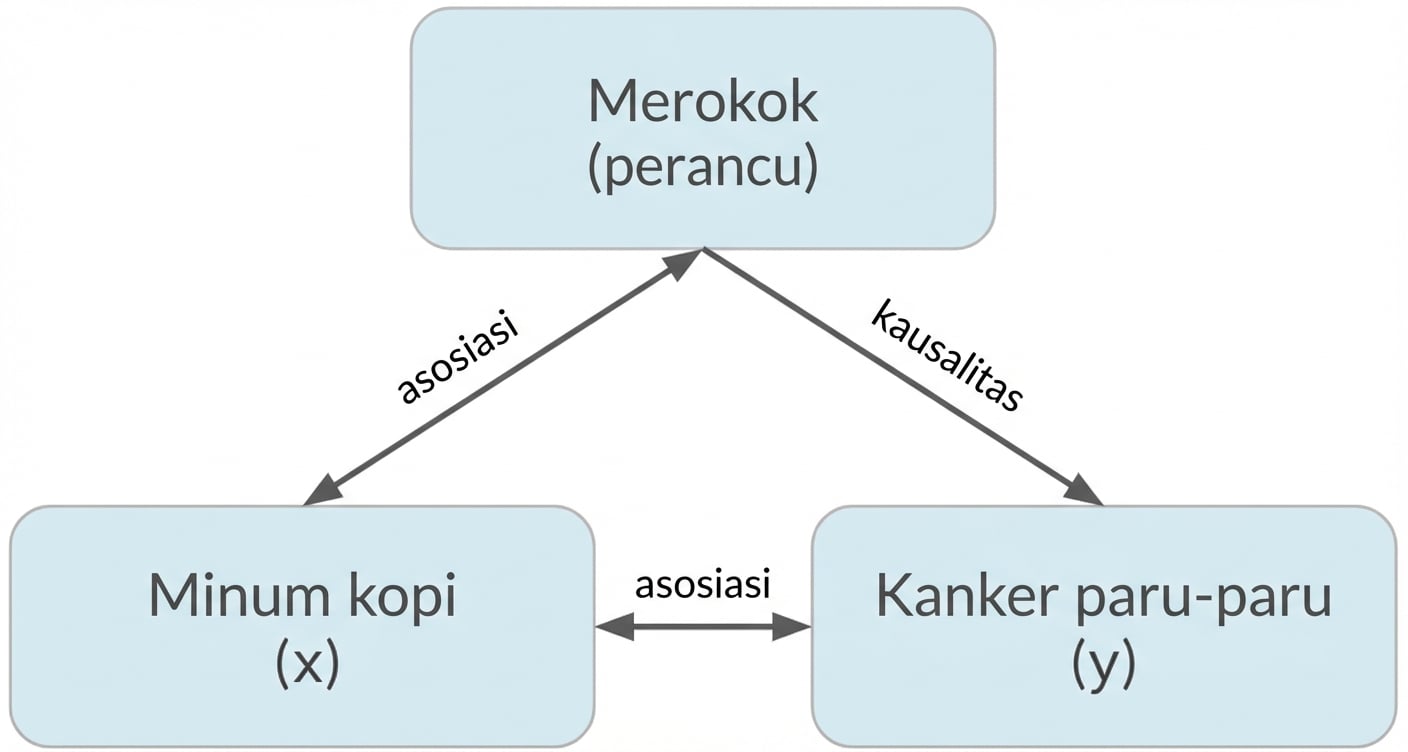 Minum kopi (x) dengan panah ganda ke kanker paru (y) bertuliskan "asosiasi". Panah ganda antara merokok dan minum kopi bertuliskan "asosiasi". Panah dari merokok ke kanker paru bertuliskan "kausalitas".