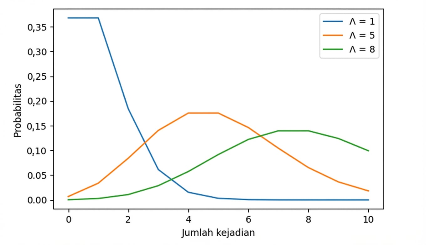 3 distribusi Poisson: lambda = 1, lambda = 5, dan lambda = 8