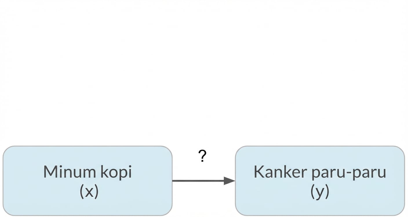Minum kopi (x) mengarah ke kanker paru (y)