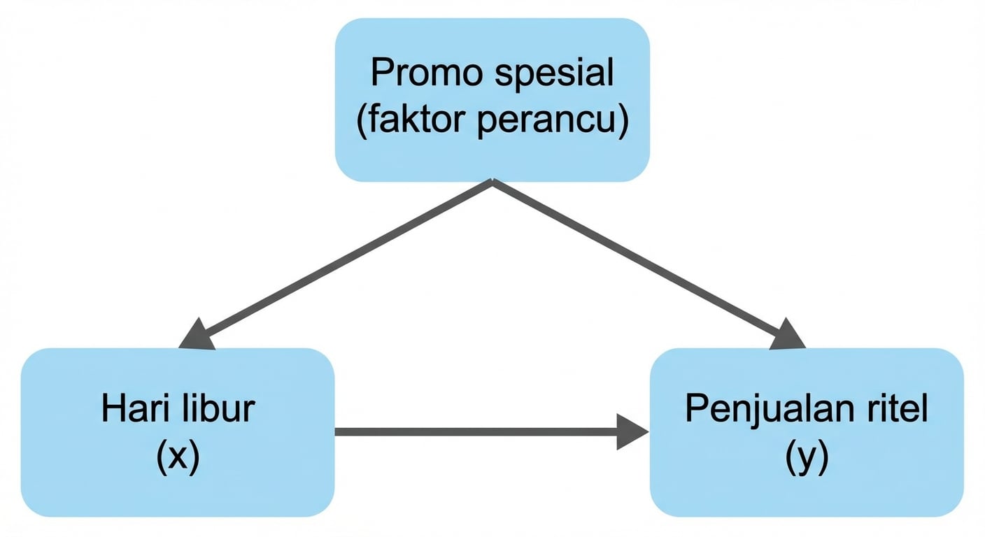 Liburan (x) mengarah ke penjualan ritel (y). Diskon khusus (perancu) punya panah ganda ke liburan dan panah tunggal ke penjualan ritel.