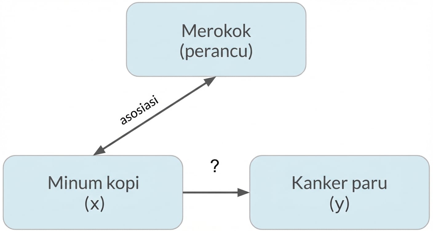 Minum kopi (x) mengarah ke kanker paru (y) dengan merokok (perancu). Panah ganda antara merokok dan minum kopi bertuliskan "asosiasi".