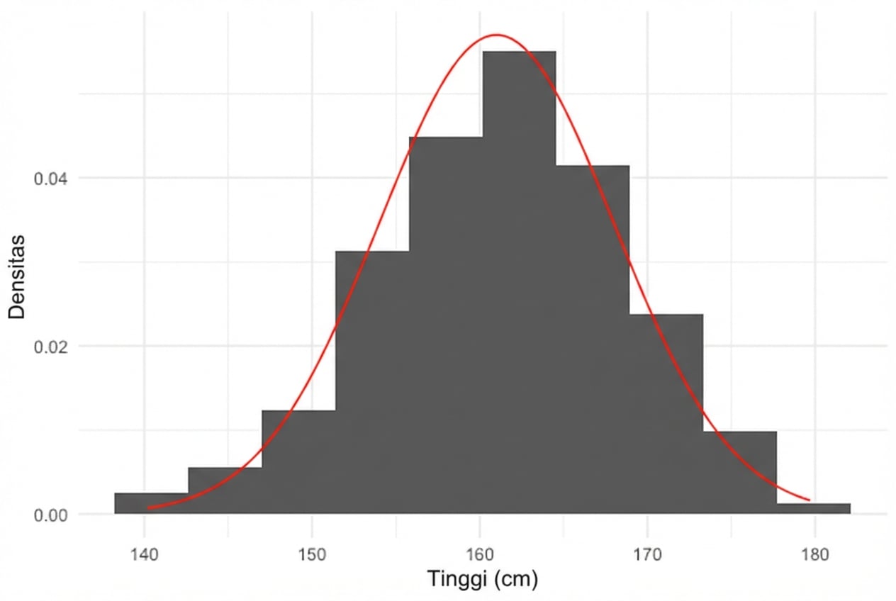 Kurva normal di atas histogram tinggi wanita