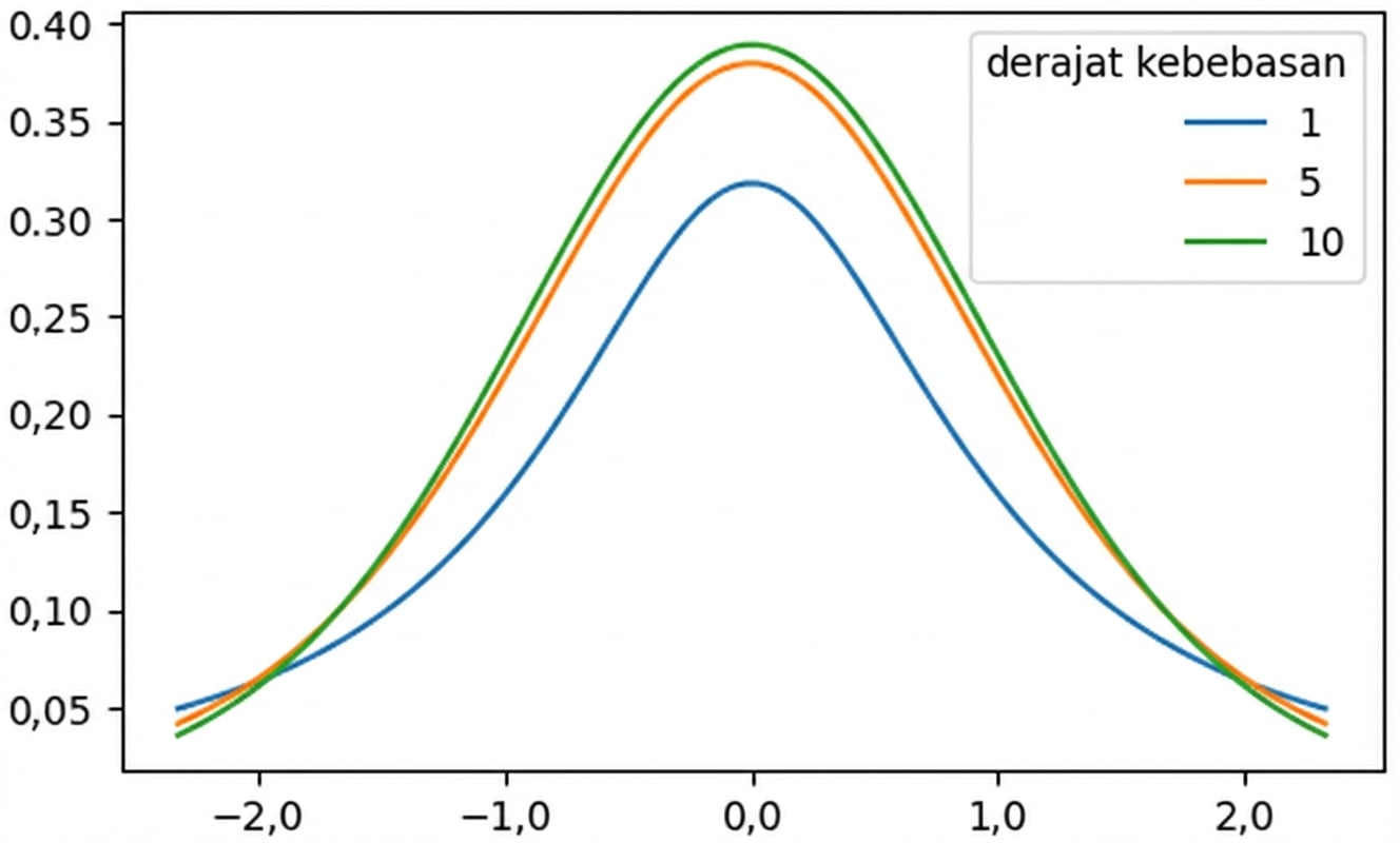 3 distribusi t dengan df = 1, df = 5, dan df = 10