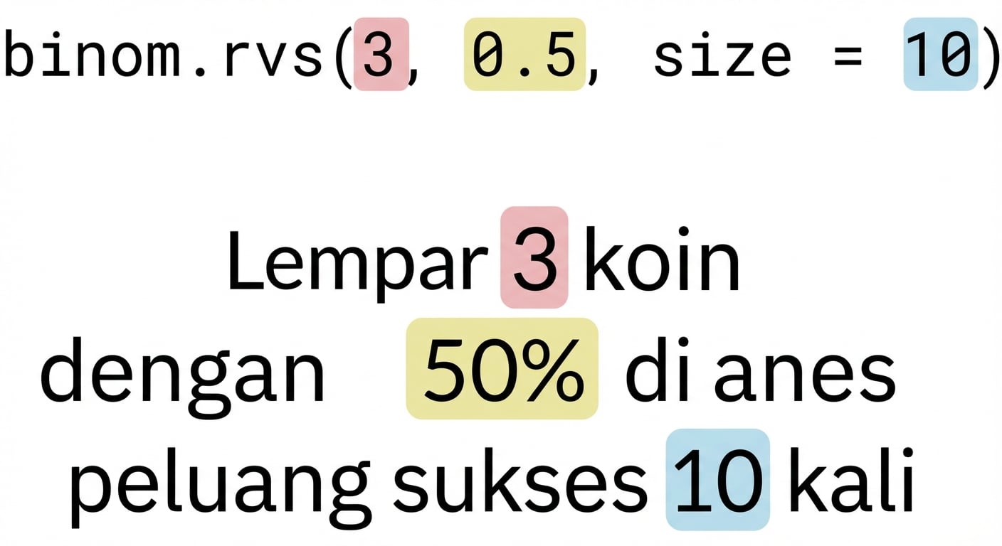 binom.rvs(3, 0.5, size=10) dengan 3 berwarna merah, 0.5 kuning, 10 biru. Teks: Lempar 3 (merah) koin dengan peluang sukses 50% (kuning) sebanyak 10 (biru) kali