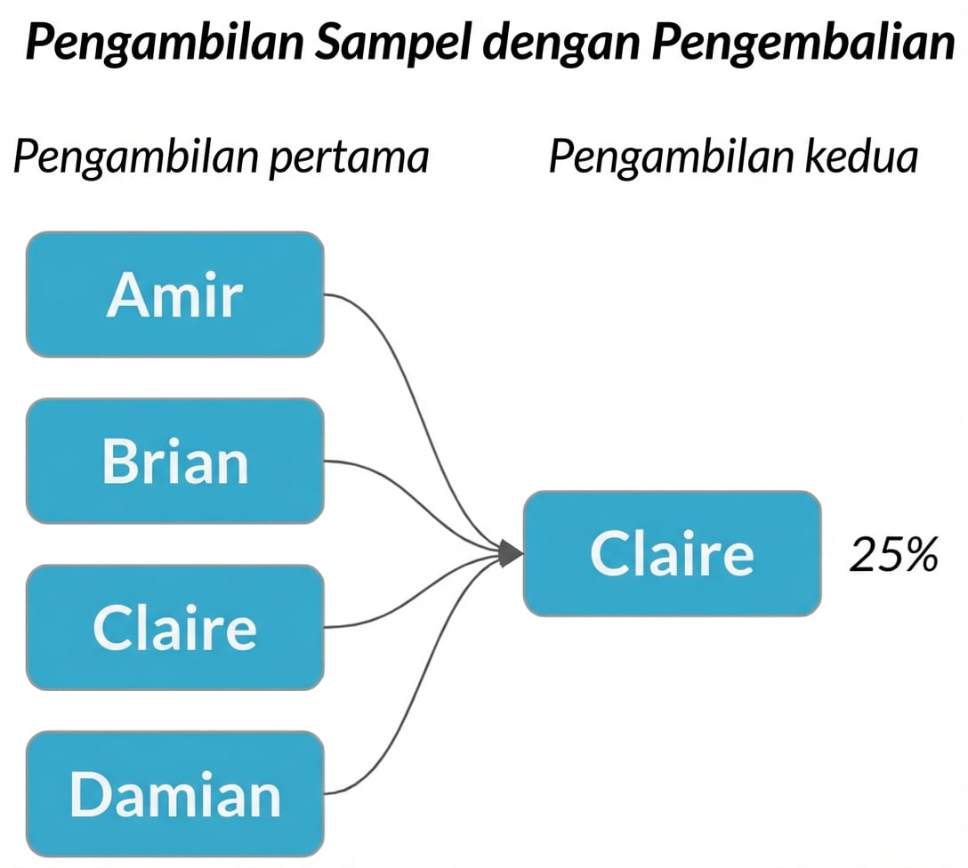 Panah dari tiap nama di kolom pilihan pertama menuju Claire di kolom kedua, dengan peluang 25%