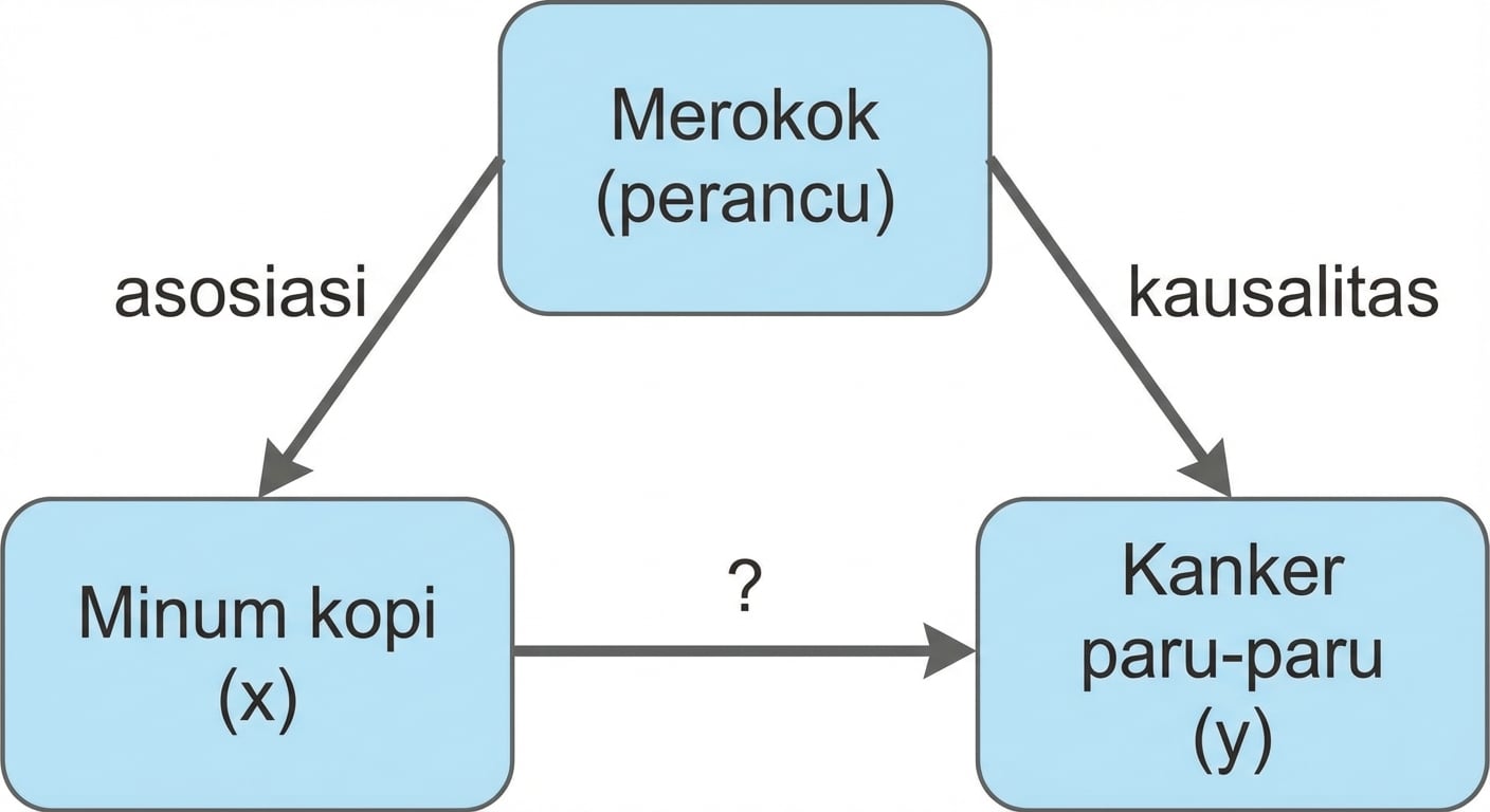 Minum kopi (x) mengarah ke kanker paru (y) dengan merokok (perancu). Panah ganda antara merokok dan minum kopi bertuliskan "asosiasi". Panah dari merokok ke kanker paru bertuliskan "kausalitas"