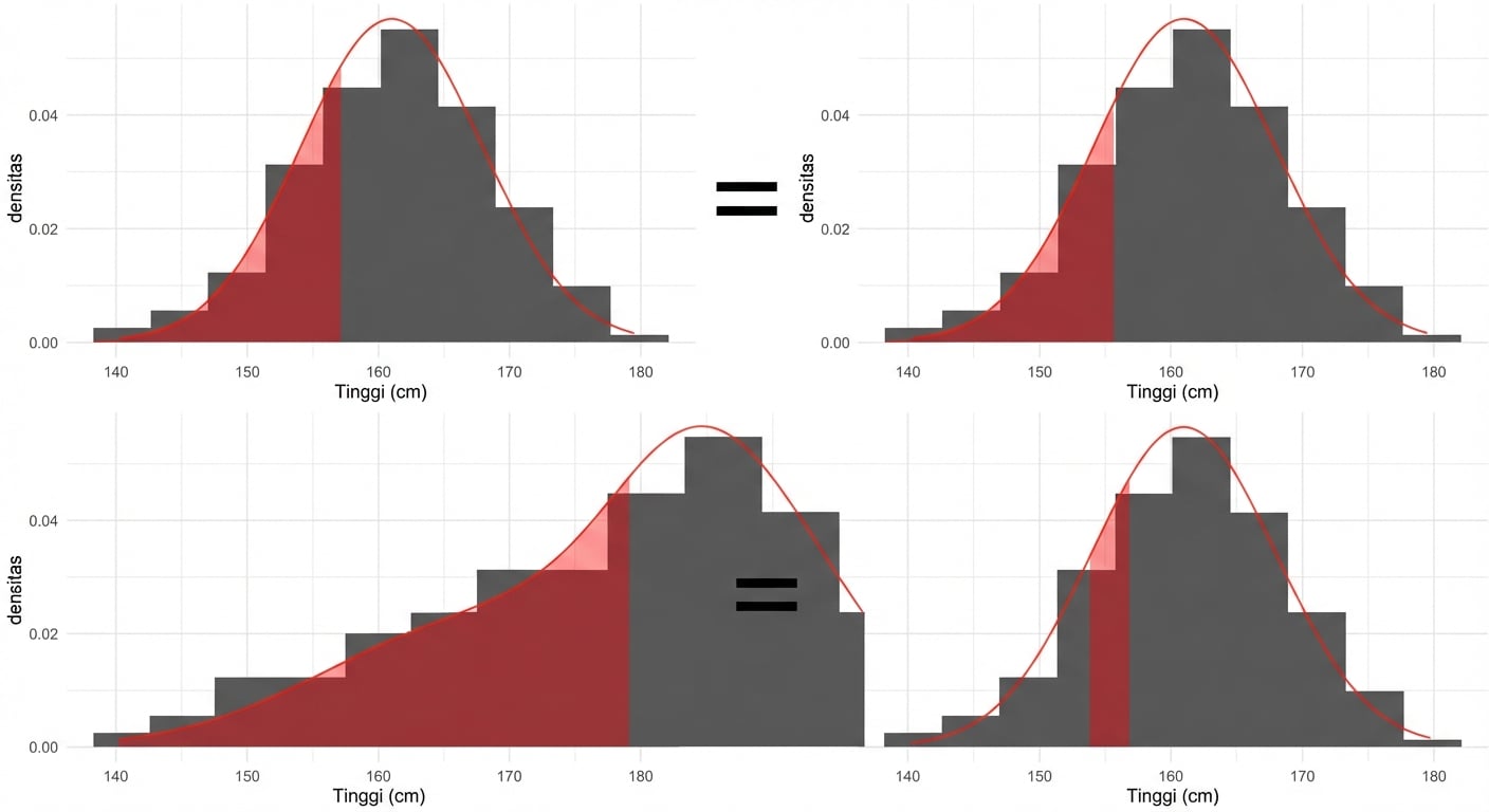 Luas kurang dari 157 dikurangi luas kurang dari 154 sama dengan luas antara 154 dan 157