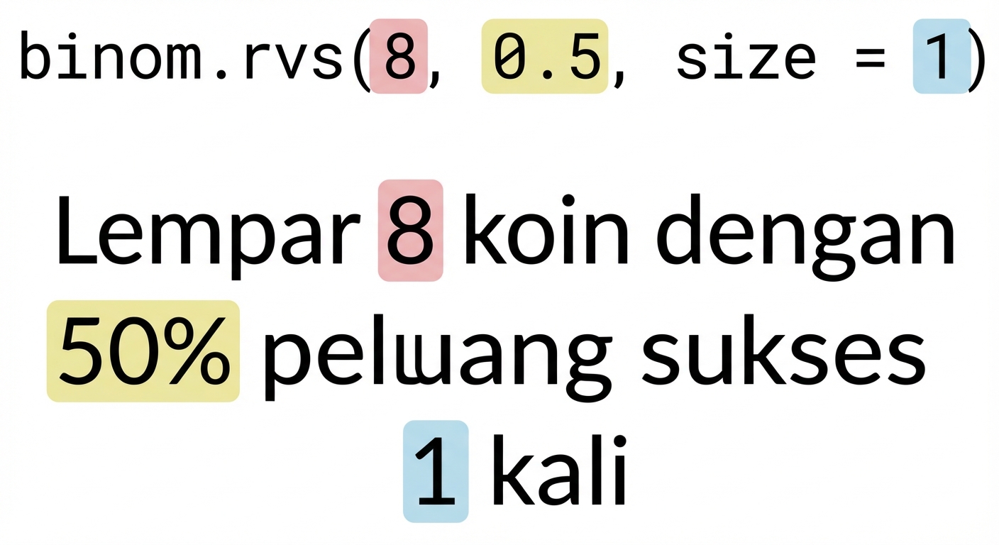 binom.rvs(8, 0.5, size=1) dengan 8 merah, 0.5 kuning, 1 biru. Teks: Lempar 8 (merah) koin dengan peluang sukses 50% (kuning) sebanyak 1 (biru) kali
