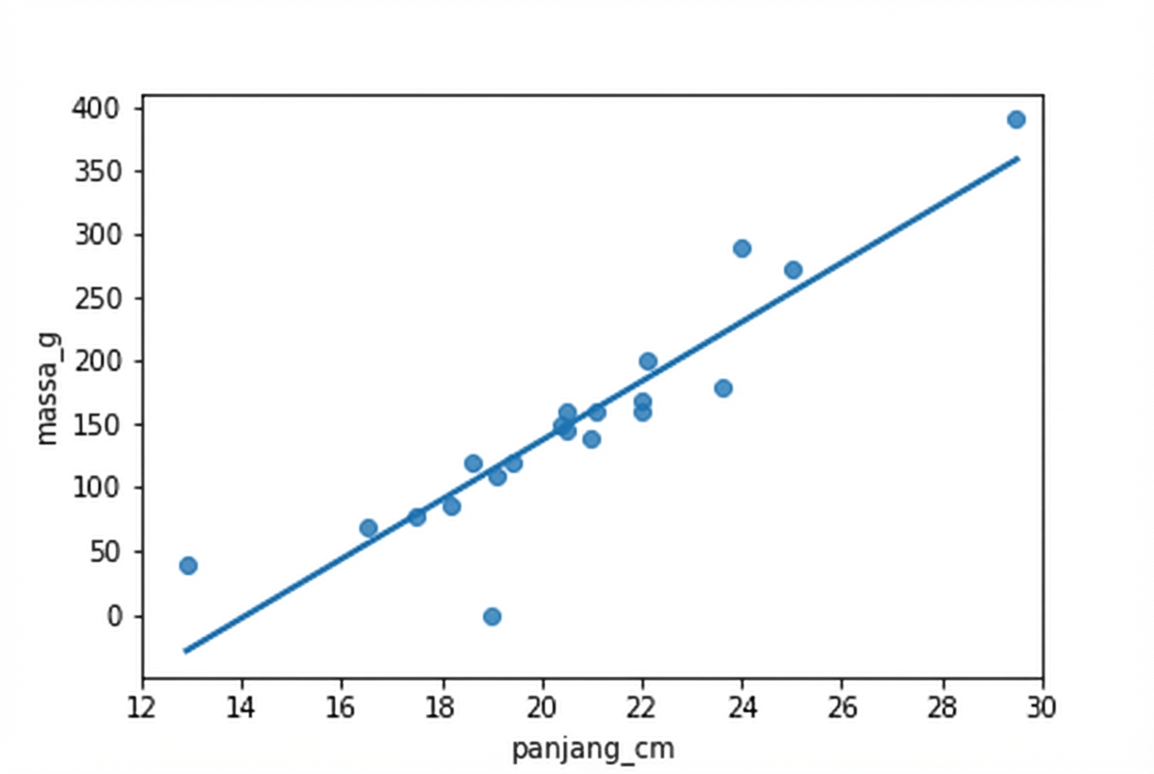 Scatter plot massa roach versus panjangnya dengan garis tren. Sebagian besar titik mengikuti garis tren dengan rapat.
