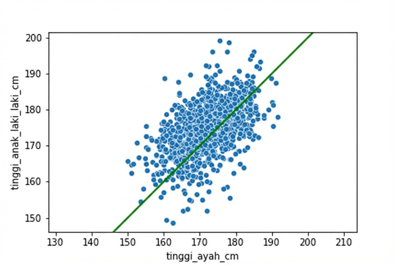 Scatter plot tinggi anak vs tinggi ayah, dengan garis tinggi ayah=anak. Saat ayah lebih tinggi, anak juga cenderung lebih tinggi.