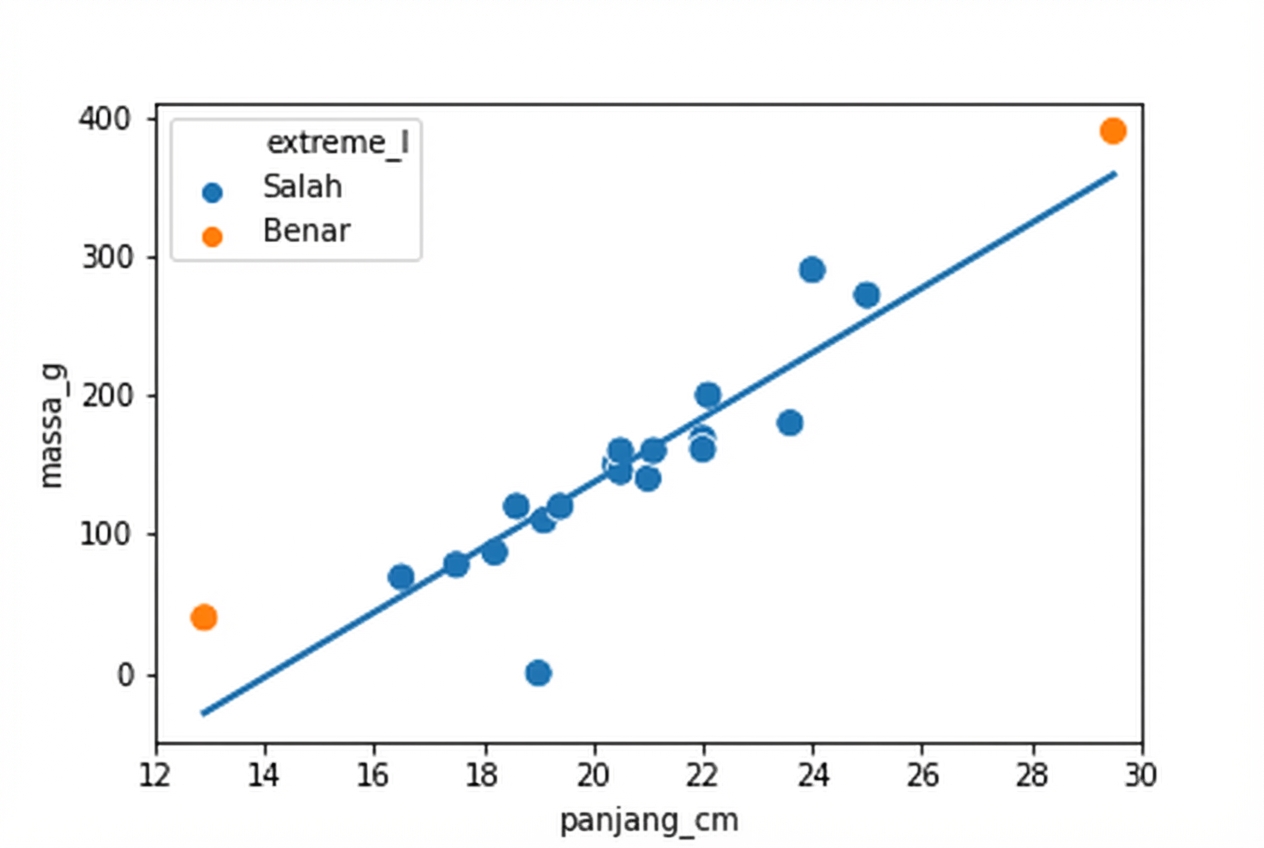 Scatter plot massa roach versus panjangnya, dengan garis tren. Sebagian besar titik berwarna biru, tetapi satu roach sangat pendek dan satu sangat panjang berwarna oranye.