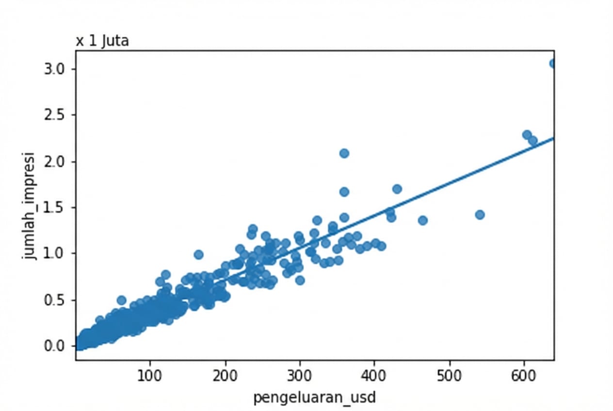 Scatter plot jumlah impression vs belanja iklan, dengan garis tren. Sebagian besar titik menumpuk di kiri bawah plot.