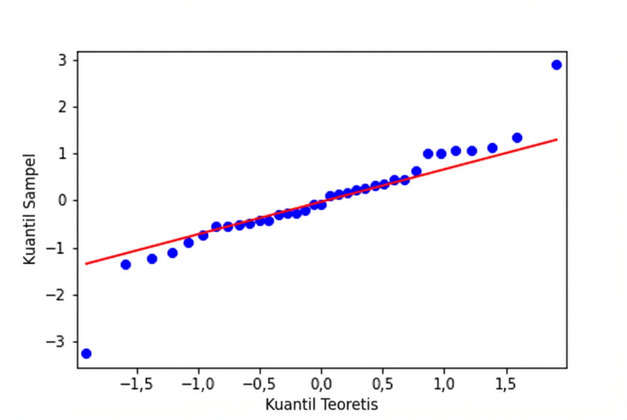 Plot Q-Q residual terstandar model bream vs kuantil teoretis. Titik-titik mengikuti garis kesetaraan, kecuali dua pencilan.