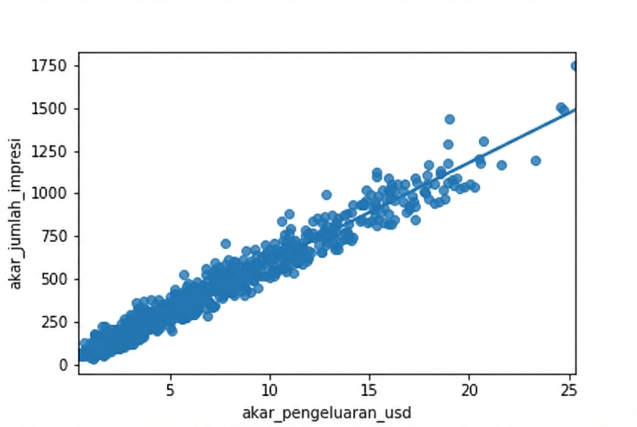 Scatter plot akar kuadrat jumlah impression vs akar kuadrat belanja iklan, dengan garis tren. Kini titik-titik lebih merata di seluruh plot.