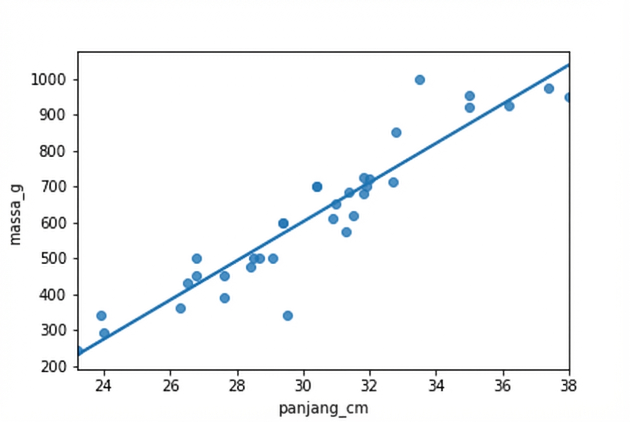 Sebar massa bream vs panjangnya, dengan garis tren, seperti sebelumnya.