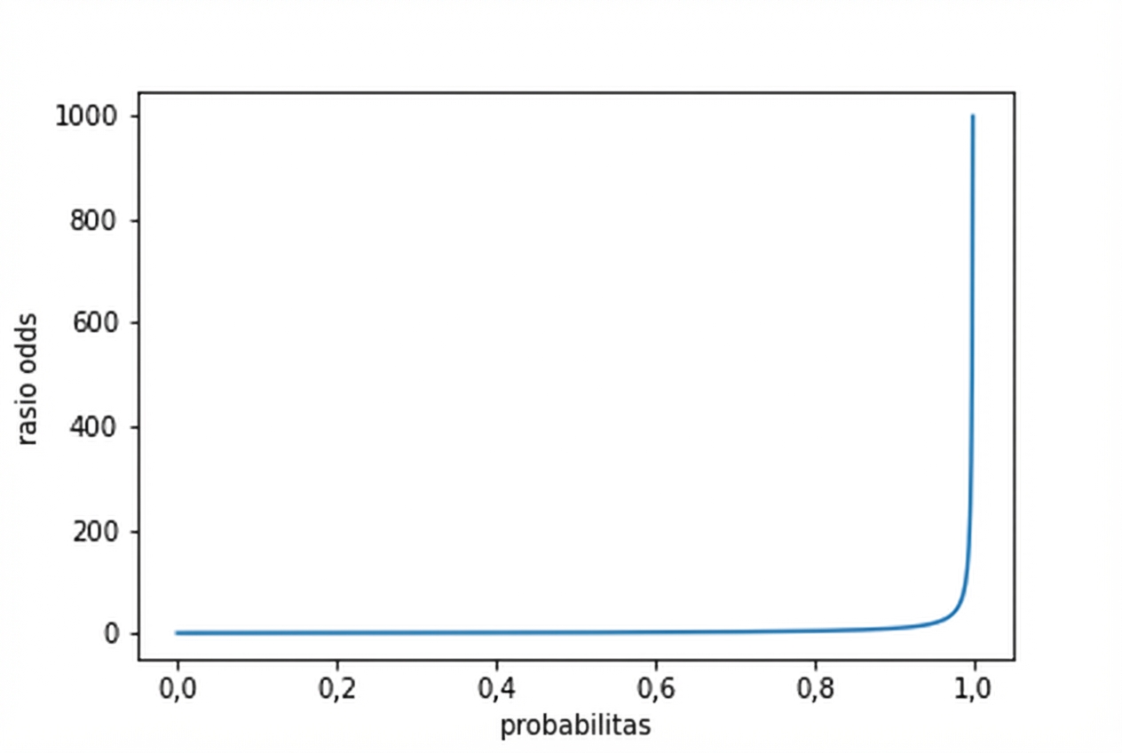Plot garis odds versus probabilitas. Kurva meningkat asimtotik ke tak hingga saat probabilitas mendekati satu.