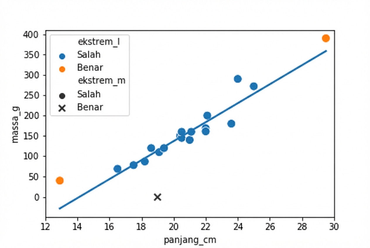 Scatter plot massa ikan roach versus panjangnya, dengan garis tren. Sebagian besar titik berwarna biru, tetapi satu roach sangat pendek dan satu sangat panjang berwarna oranye. Kebanyakan titik berbentuk lingkaran, namun satu titik merepresentasikan ikan dengan massa nol berbentuk silang.