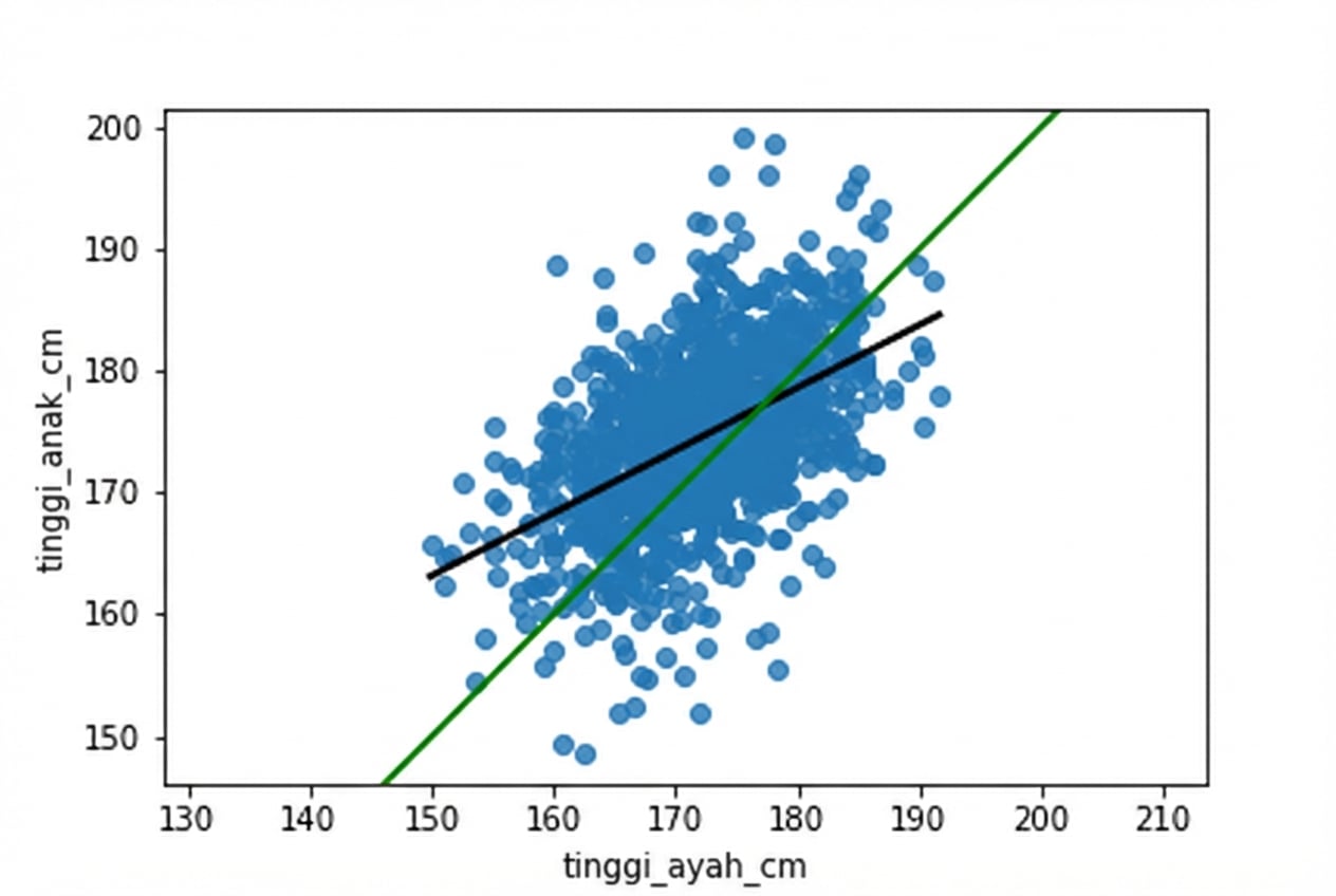 Scatter plot tinggi anak vs tinggi ayah, diberi garis tren linier. Garis tren kurang curam dibanding garis tinggi ayah=anak.