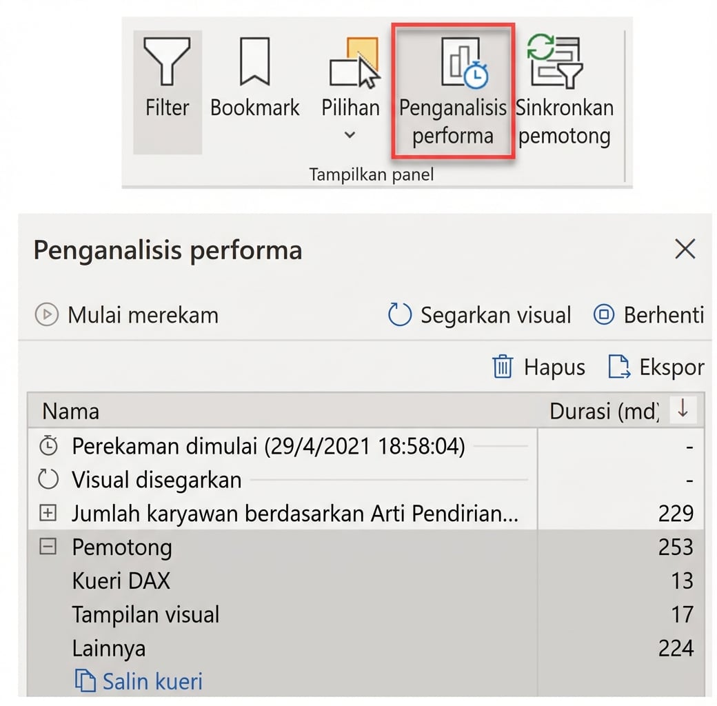 Tangkapan layar Performance Analyzer di Power BI