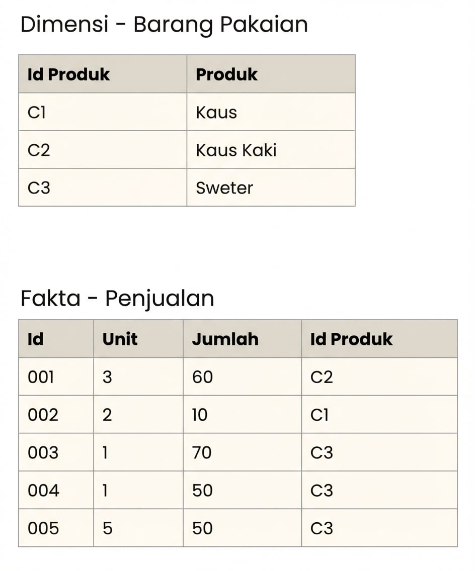 Tampilan detail tabel fakta dan dimensi Clothing Item.