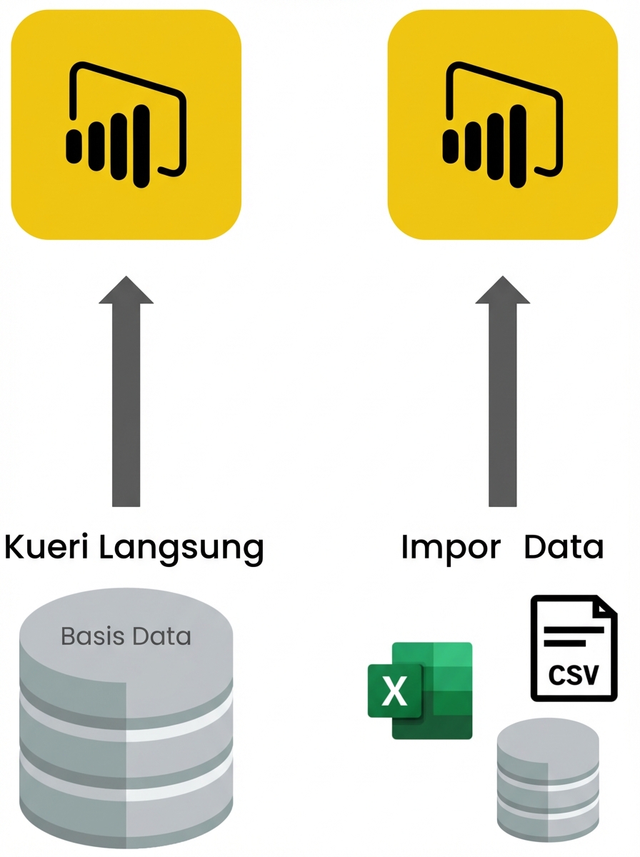 Diagram berbagai cara memuat data di Power BI. Fungsionalitas Impor di satu sisi dan Direct Query (terhubung ke basis data) di sisi lain.