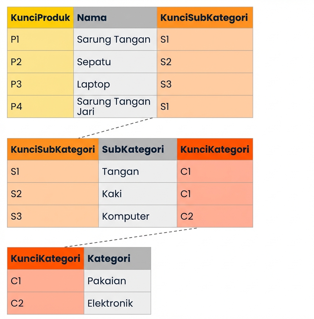 Contoh tabel hierarki produk dalam skema snowflake
