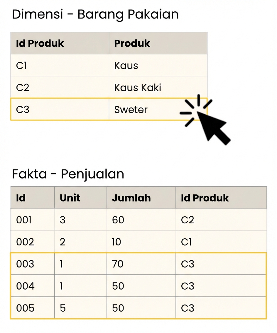 Tampilan detail tabel fakta dan dimensi Clothing Item.