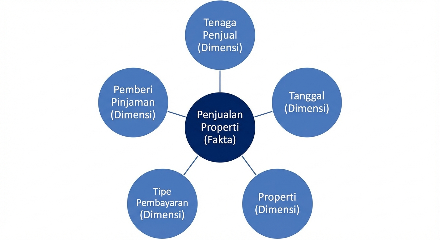 Diagram skema bintang dengan satu fakta dikelilingi lima dimensi.