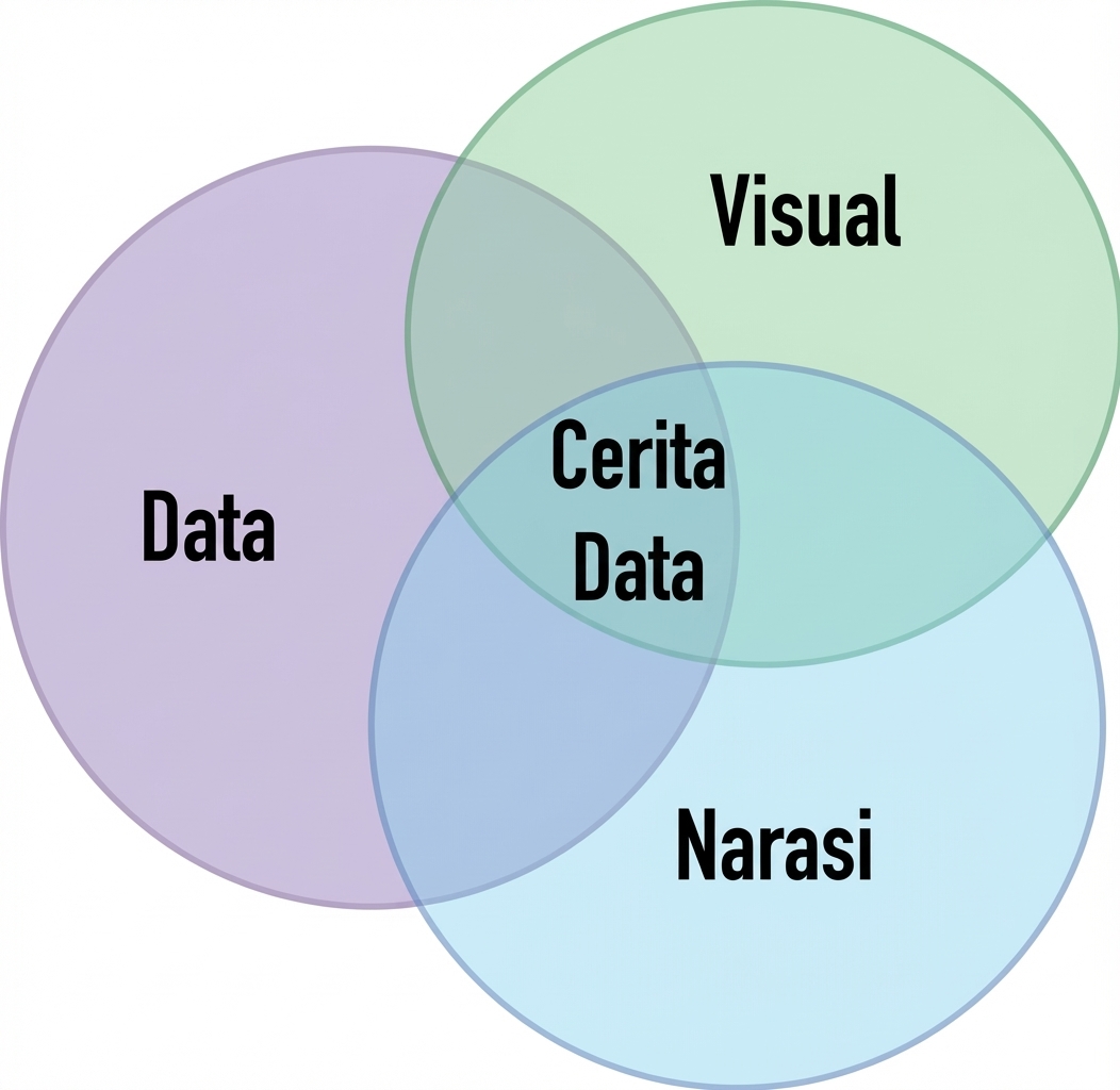 diagram venn dengan kata data, narasi, dan visual