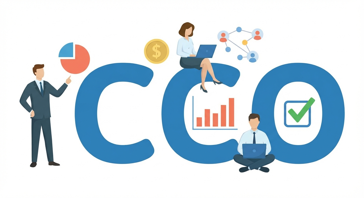 Gambar kartun huruf CCO, dengan visual dan orang di sekelilingnya.