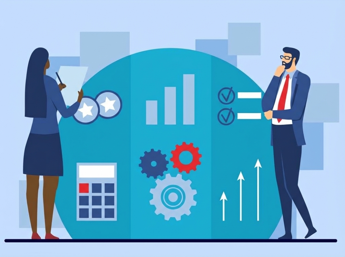 Gambar kartun dua orang melihat visual kinerja