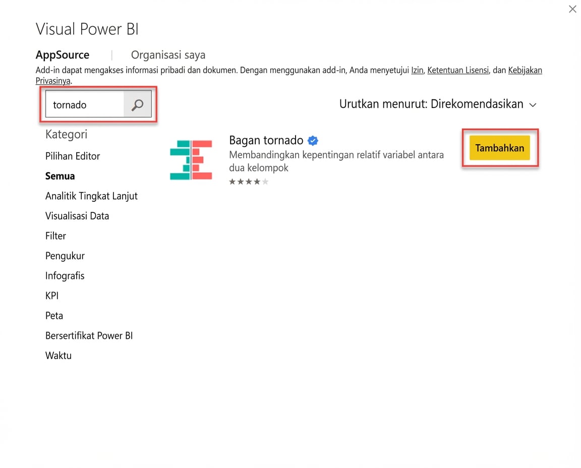 Menambahkan grafik tornado ke Power BI via Microsoft AppSource
