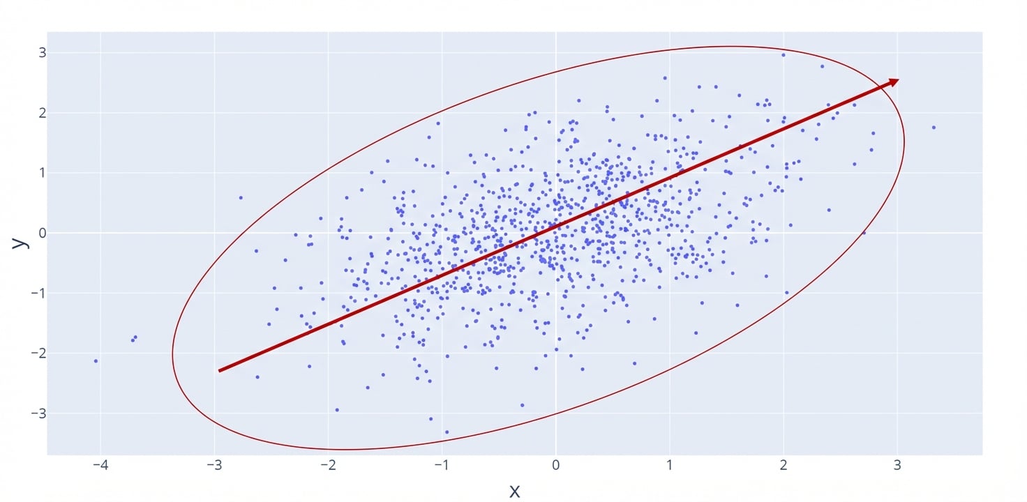 Plot sebar dengan garis merah menunjukkan hubungan positif yang meningkat. Lingkaran merah menyorot titik data yang lebih menyebar sehingga hubungannya lemah.