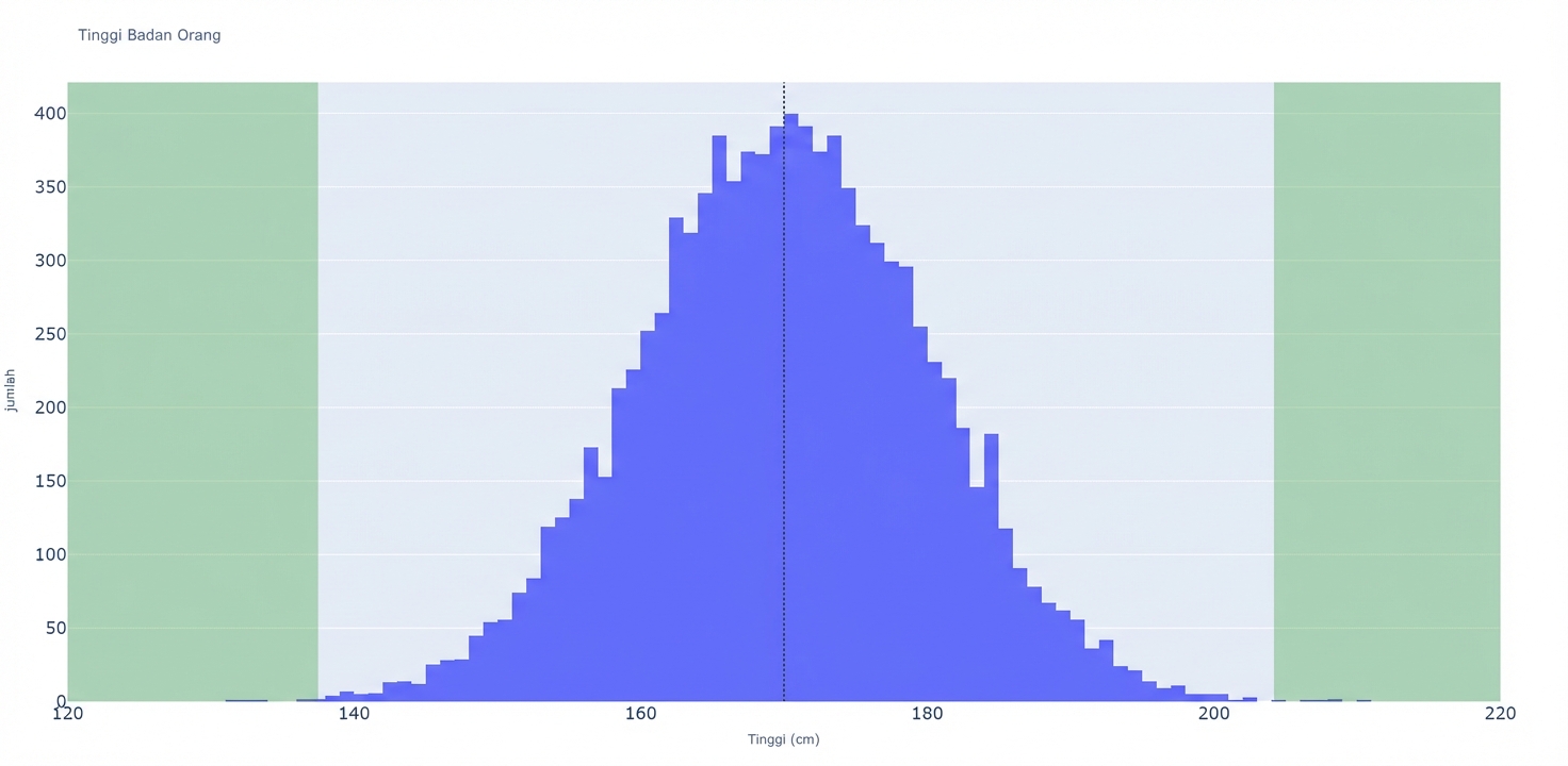 Histogram tinggi badan dengan nilai tinggi di sumbu x dan jumlah pengamatan di sumbu y. Area hijau di kedua ujung menyoroti kemungkinan pencilan.
