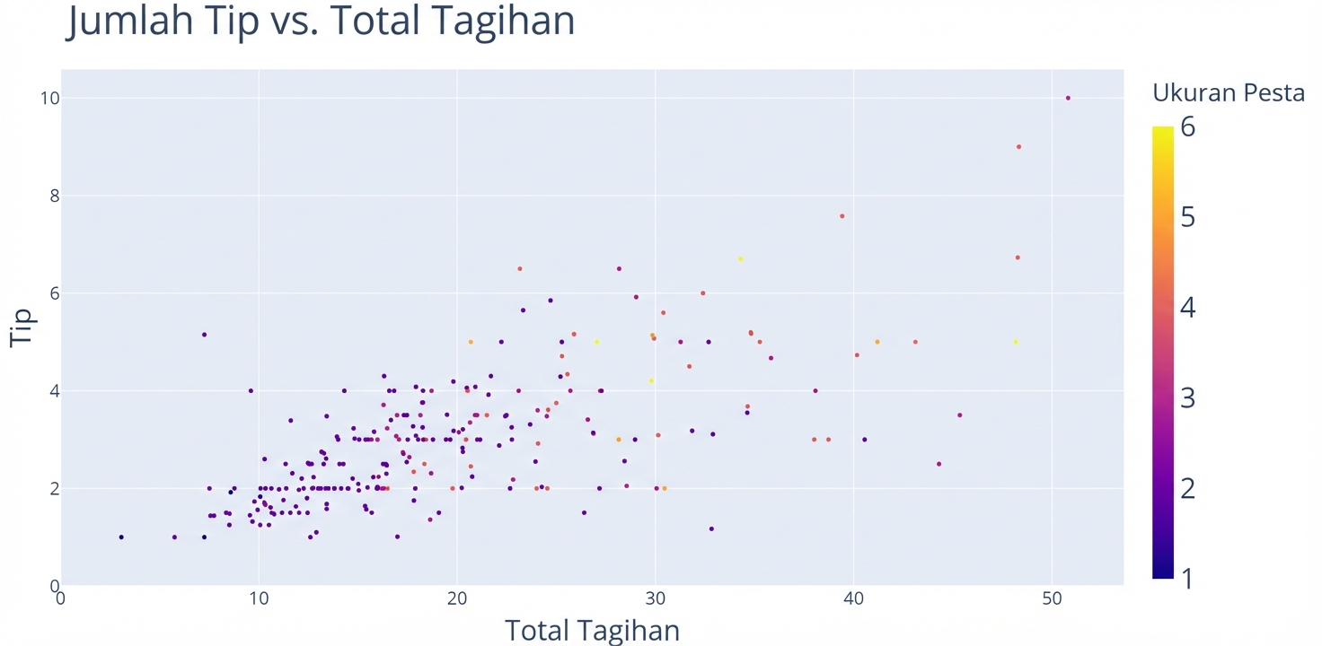 Plot sebar dengan "Total Bill" pada sumbu x dan "Tip" pada sumbu y. "Party Size" digunakan untuk memberi warna titik data sesuai nilainya. Contoh: ukuran rombongan 1 berwarna biru tua, ukuran 6 berwarna kuning cerah.