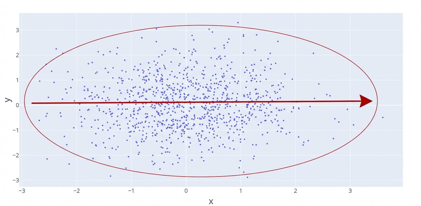Plot sebar dengan garis merah datar, menunjukkan tidak ada hubungan. Lingkaran merah menyorot titik data yang lebih menyebar sehingga hubungannya lemah.