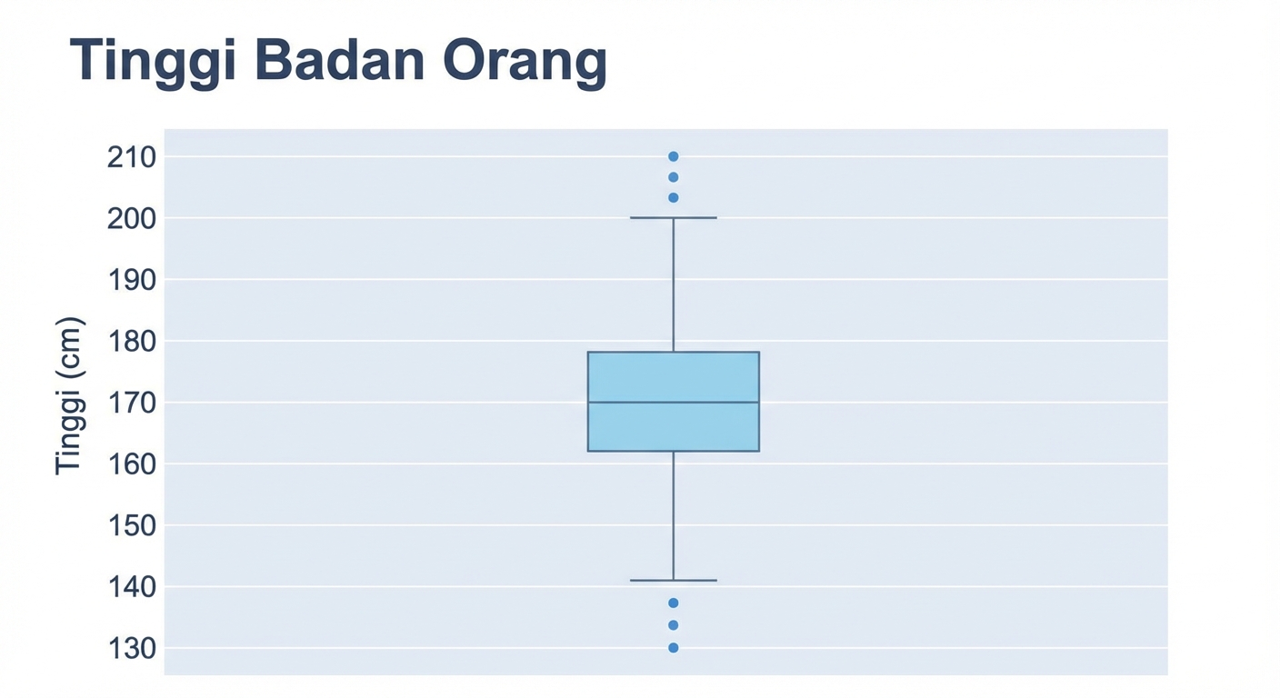 Sebuah boxplot tinggi badan. Tinggi (cm) pada sumbu y.