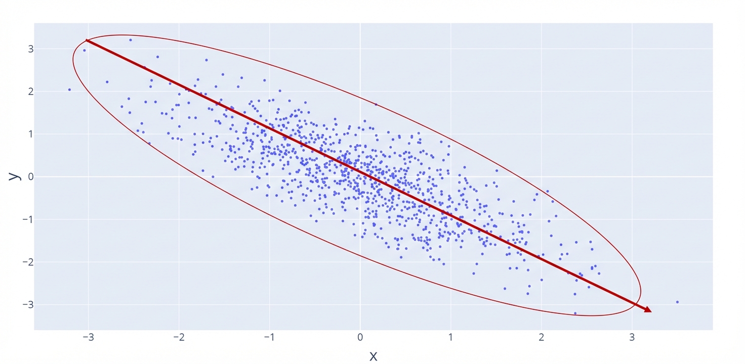 Plot sebar dengan garis merah menunjukkan hubungan negatif yang menurun. Lingkaran merah menyorot titik data yang rapat.
