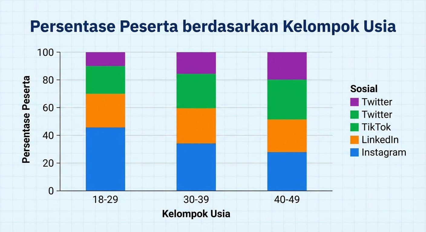Diagram batang bertumpuk 100%. Tiga kelompok umur pada sumbu x: "18-29", "30-39", "40-49". Persentase peserta pada sumbu y. Tiap batang dipecah menurut persentase platform—Instagram, LinkedIn, TikTok, dan Twitter.