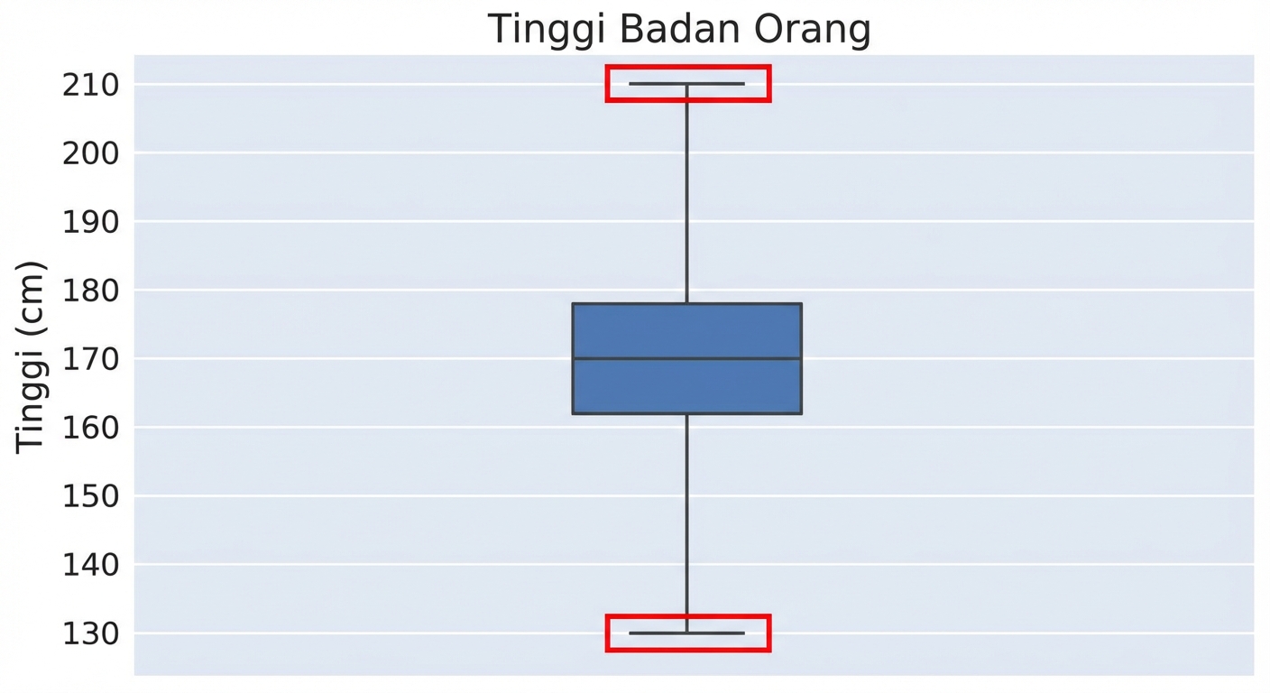 Sebuah boxplot tinggi badan. Tinggi (cm) pada sumbu y. Titik pencilan (outlier) pada boxplot diberi garis tepi merah.
